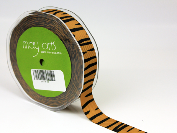 May Arts - Designer Ribbon - Grosgrain Animal Print - Tiger - 30 Yards